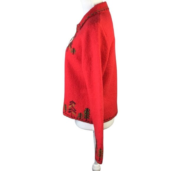 Belle Pointe Wool Jacket Women's M Red Embroidered Trees Christmas BellePointe - Picture 4 of 9